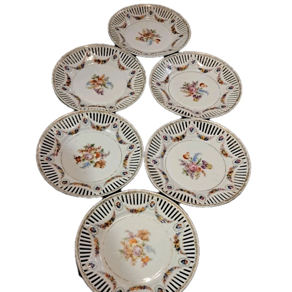 Vtg German Reticulated Cut Dishes White Porcelain 7" by F. Verenberg Co. x6